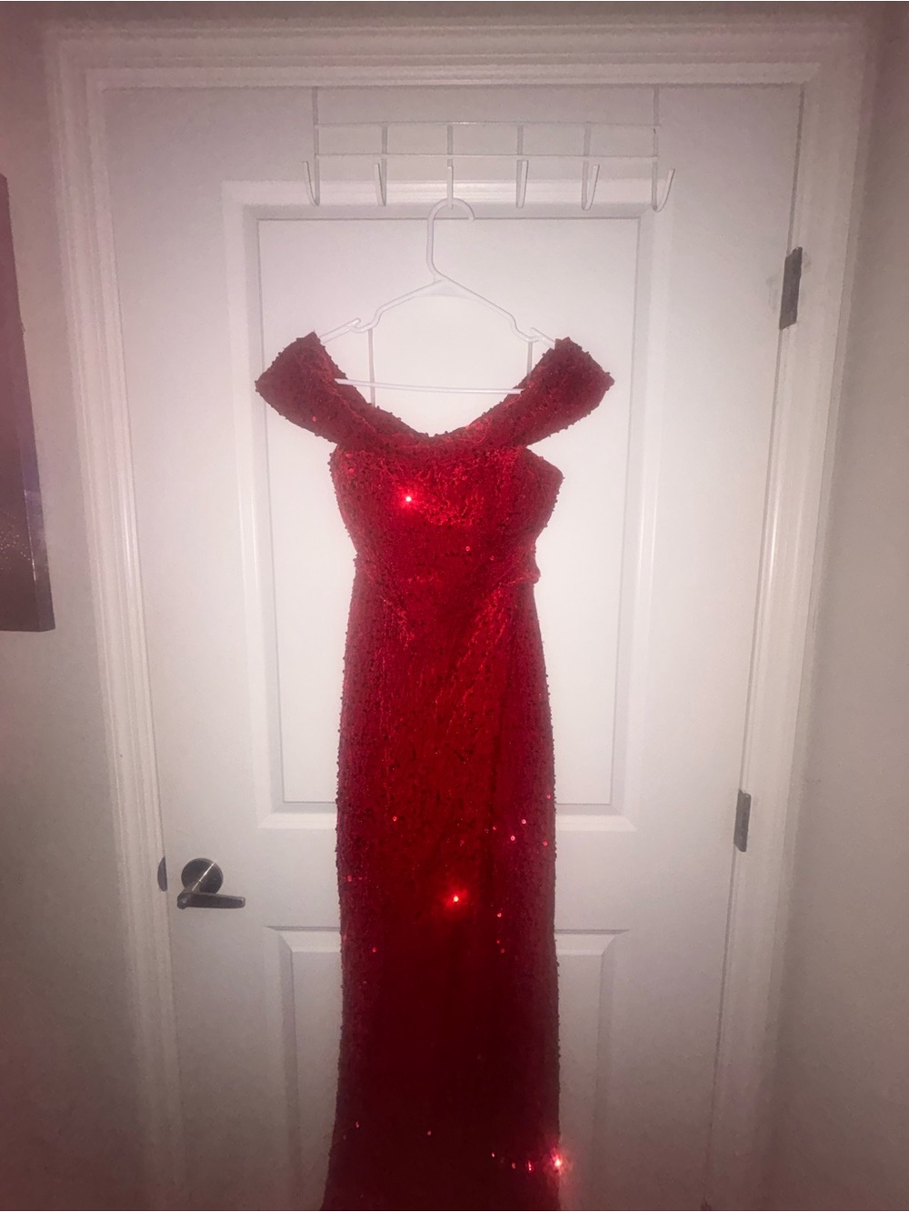 Fashion Nova Red Sequin Off-Shoulder Prom Gown